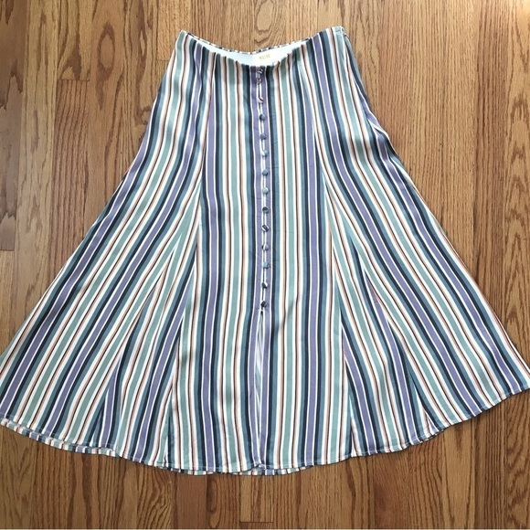 Anthropologie Maeve Satin Purple Green striped Button Front A-line Midi Skirt - Picture 13 of 16